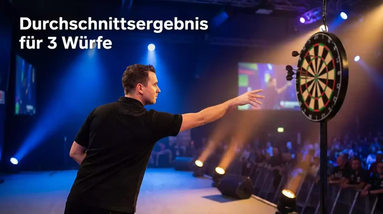 Dartspieler wirft auf Dartscheibe mit 3-Dart-Average-Anzeige
