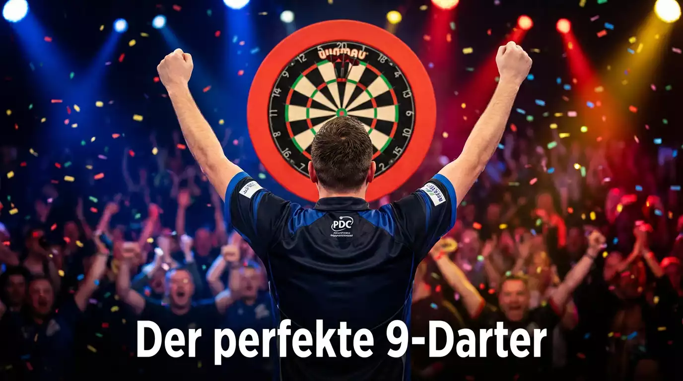 Dartspieler feiert auf der Bühne nach einem perfekten 9-Darter-Finish