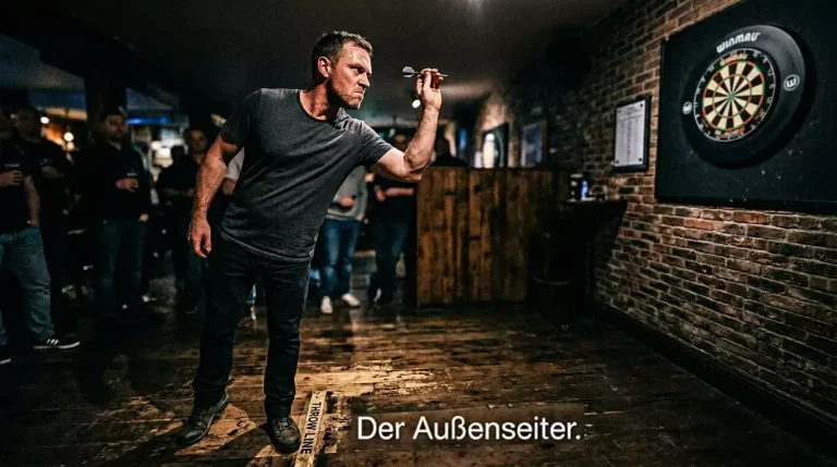 Dartspieler aus der Froschperspektive wirft entschlossen auf beleuchtete Dartscheibe