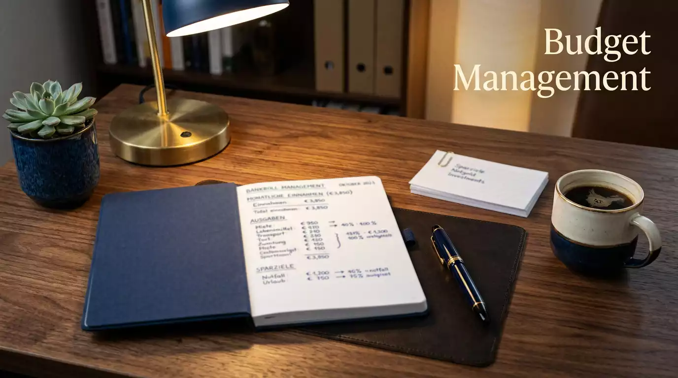 Geordneter Schreibtisch mit Notizbuch und Stift für Budgetplanung