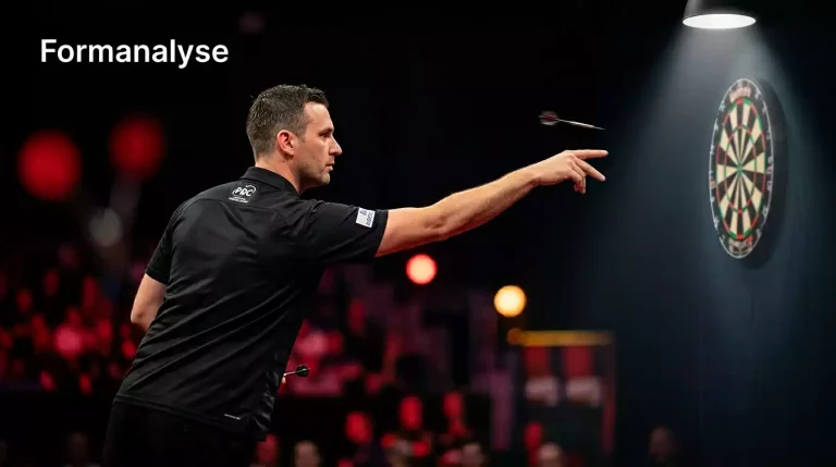 Dartspieler beim konzentrierten Wurf auf der Turnierbühne mit Spotlicht