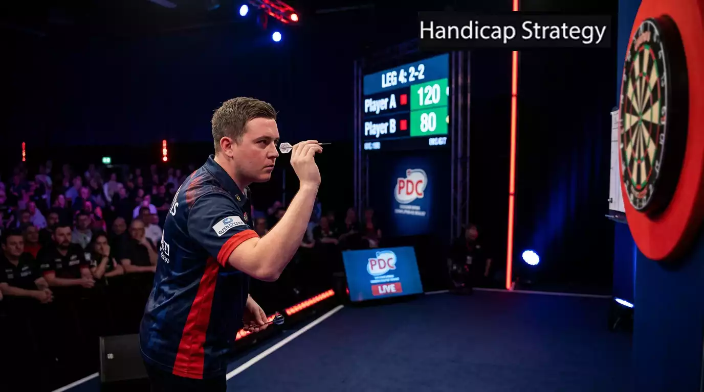 Dartspieler am Oche analysiert die Dartscheibe vor dem Wurf