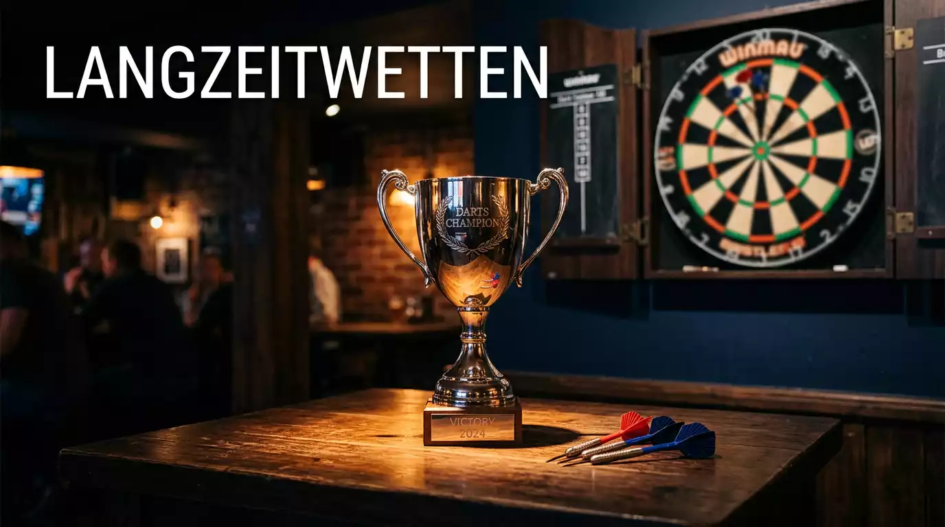 Pokal auf einem Tisch neben Dartpfeilen symbolisiert Turnier-Langzeitwetten
