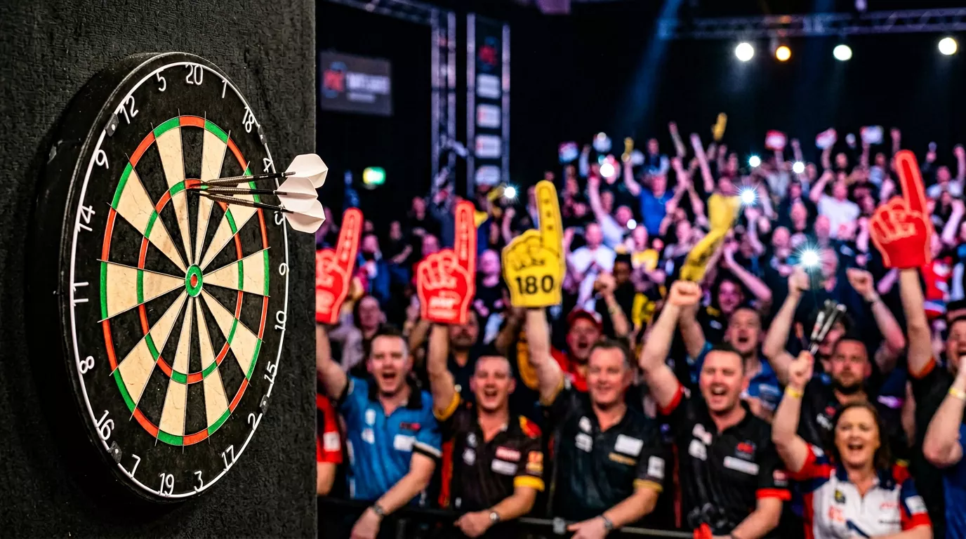 Professionelles Darts-Turnier mit begeistertem Publikum in einer großen Arena