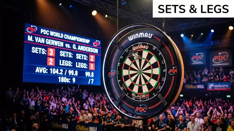 Dartscheibe mit Anzeigetafel die Sets und Legs zeigt auf PDC-Bühne