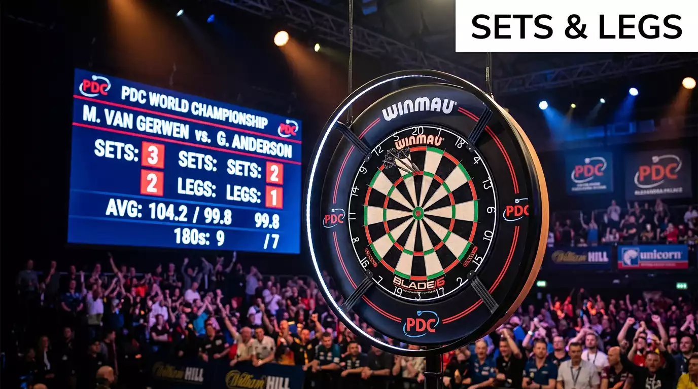 Dartscheibe mit Anzeigetafel die Sets und Legs zeigt auf PDC-Bühne