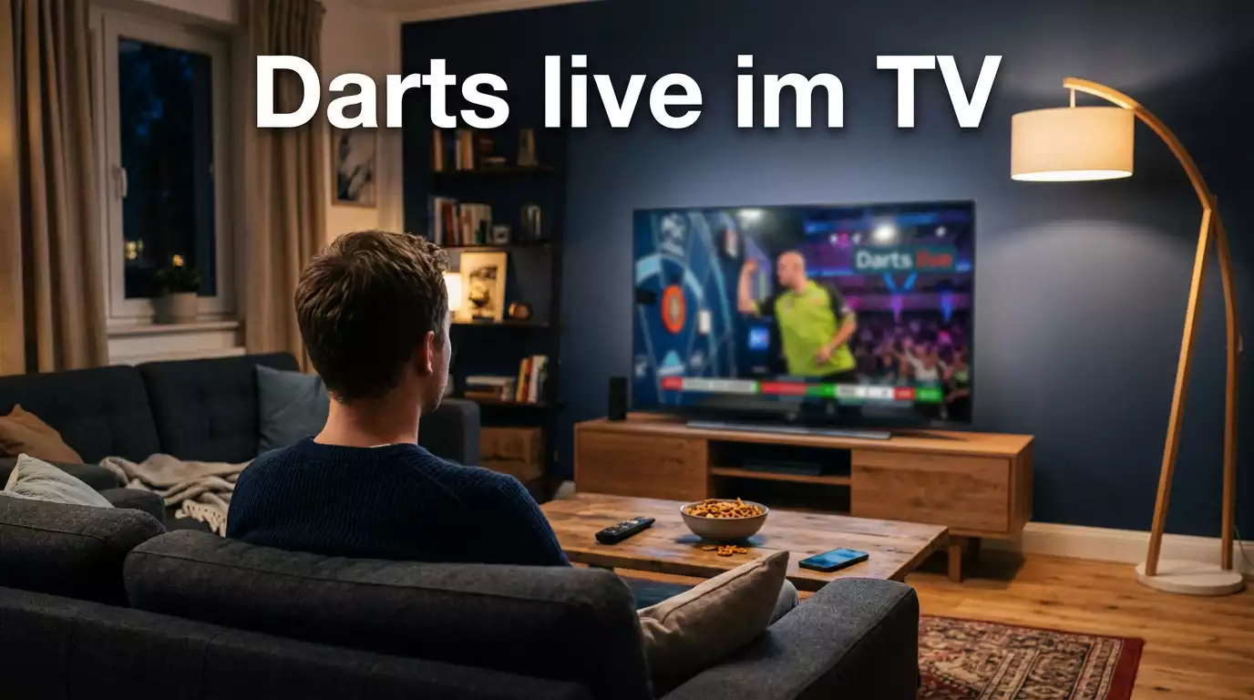Wohnzimmer mit Fernseher der eine Darts-Übertragung zeigt
