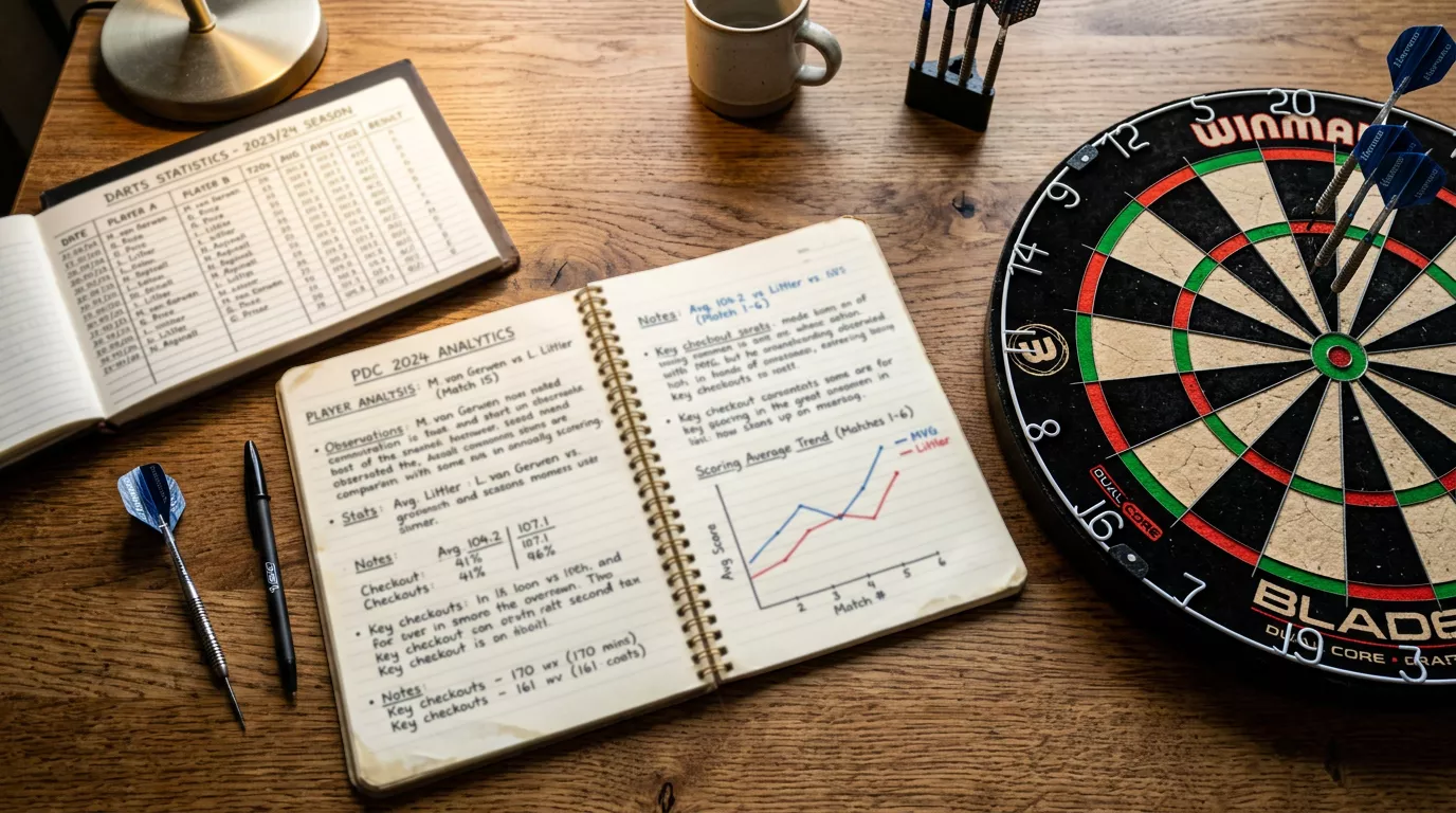 Strategische Analyse von Darts-Statistiken für Sportwetten auf einem Notizblock