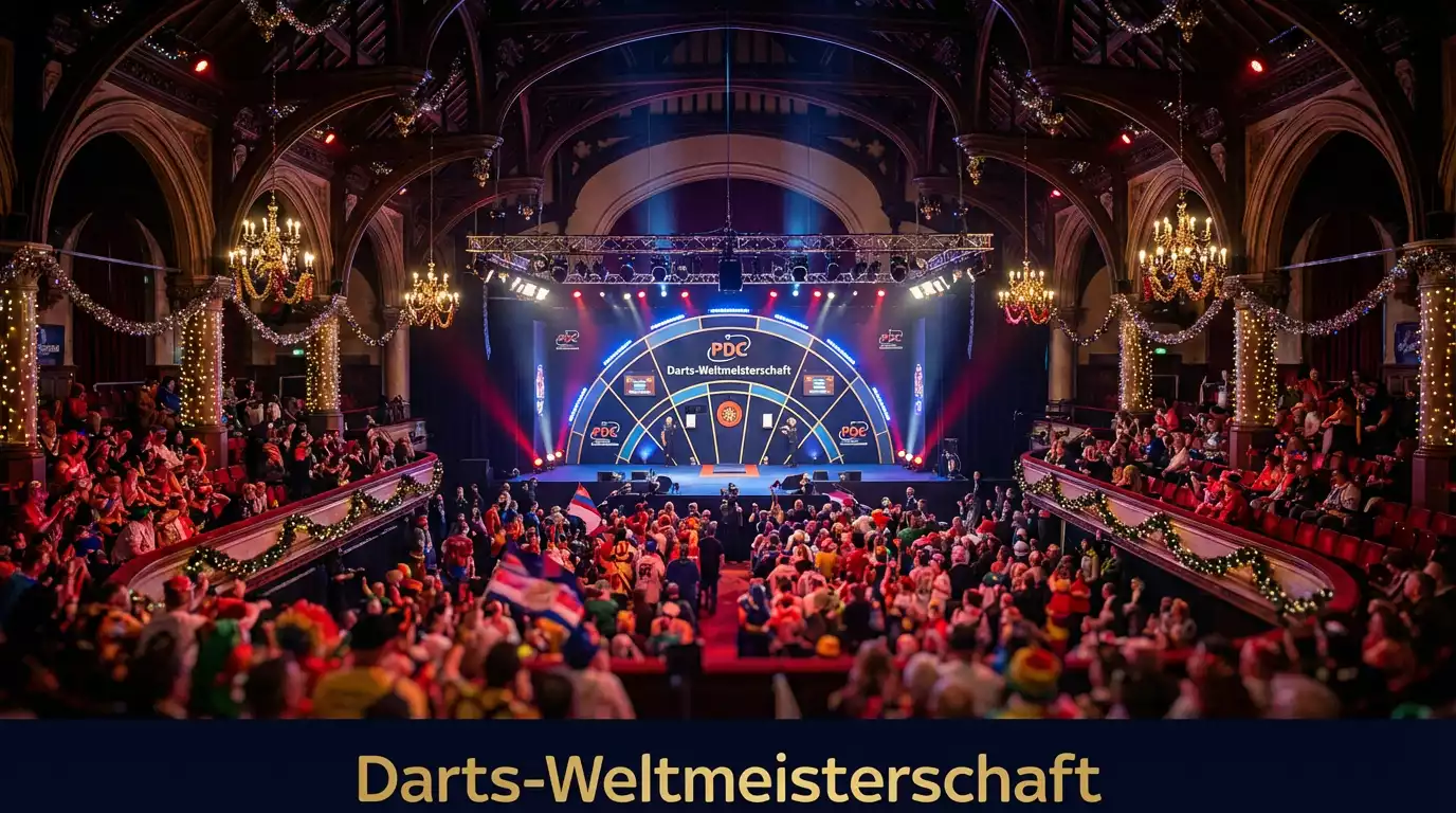 Große Darts-Turnierhalle mit festlicher Beleuchtung und Dartscheibe auf der Bühne