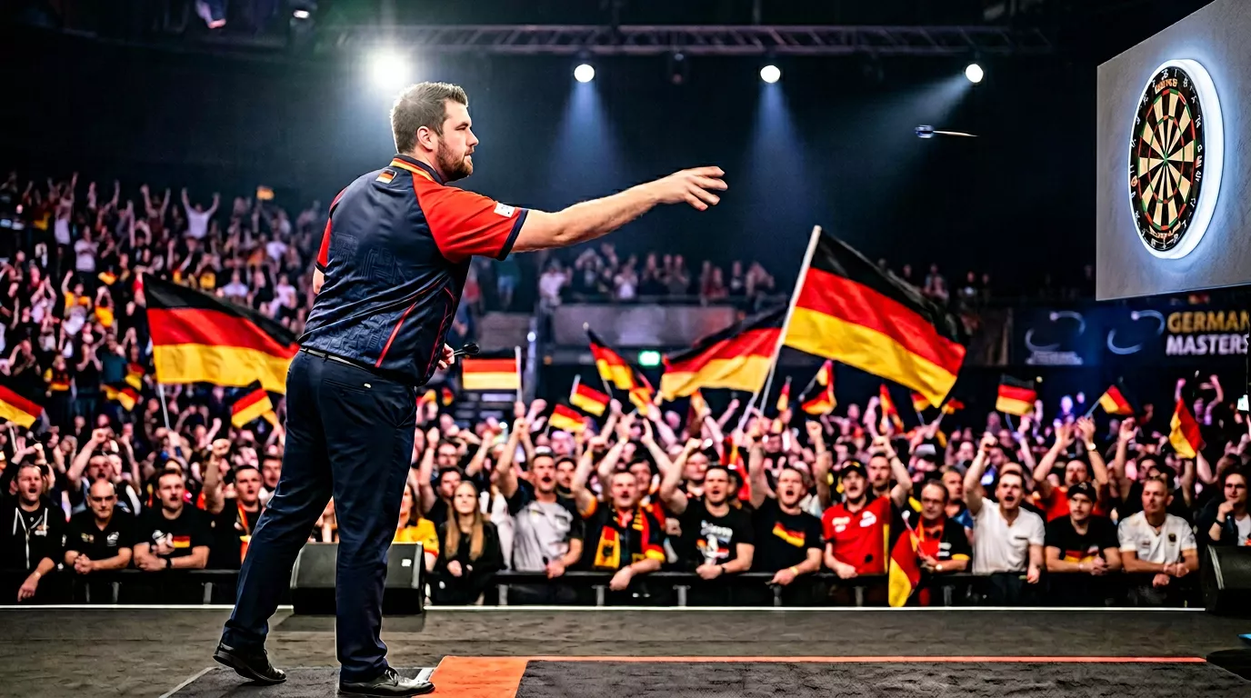 Deutsche Darts-Profis bei einem PDC-Turnier mit Dartsboard und Publikum