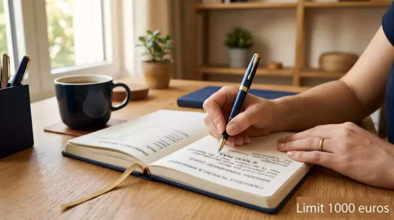 Person plant Budget mit Notizbuch und €-Symbolen auf dem Schreibtisch