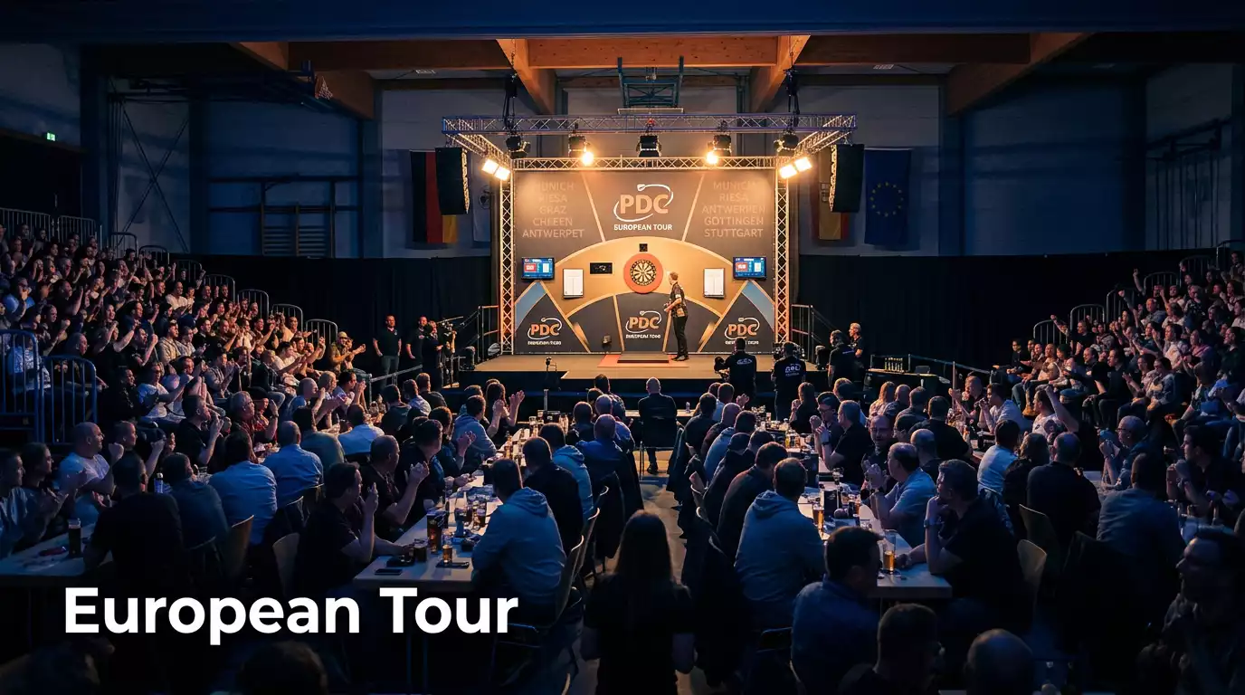 Darts-Turnierhalle in Deutschland mit Publikum und beleuchteter Bühne