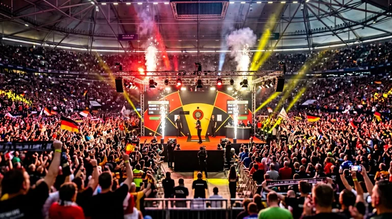 German Darts Masters in der Veltins-Arena mit tausenden Fans und beleuchteter Dartscheibe