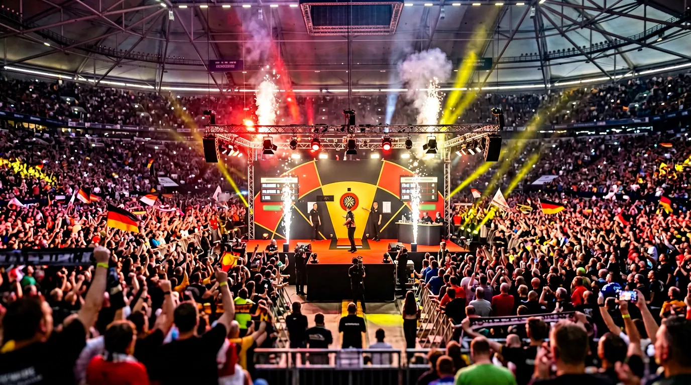 German Darts Masters in der Veltins-Arena mit tausenden Fans und beleuchteter Dartscheibe