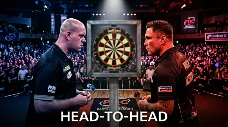 Zwei Dartspieler stehen sich gegenüber auf der PDC-Bühne vor dem Match