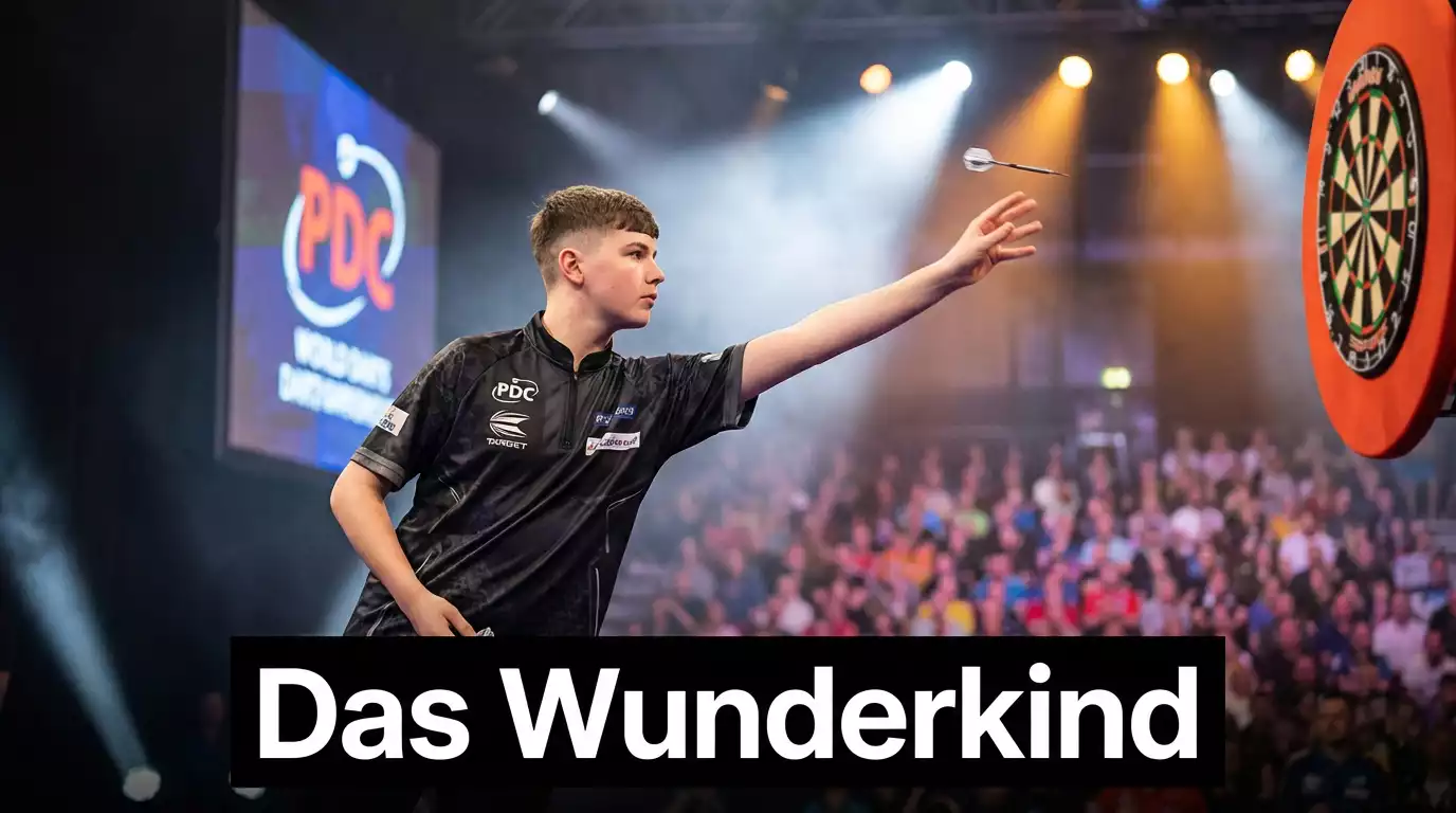 Junger Dartspieler wirft unter Scheinwerferlicht auf großer PDC-Turnierbühne