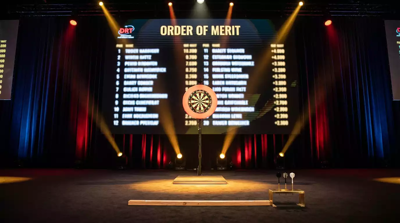 PDC-Turnierbühne mit beleuchteter Dartscheibe und Ranglisten-Anzeige