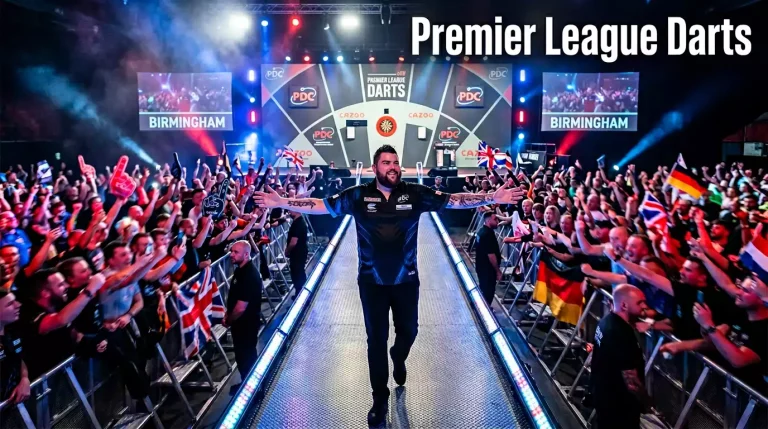 Dartspieler auf beleuchteter Bühne bei Premier-League-Abend vor Publikum