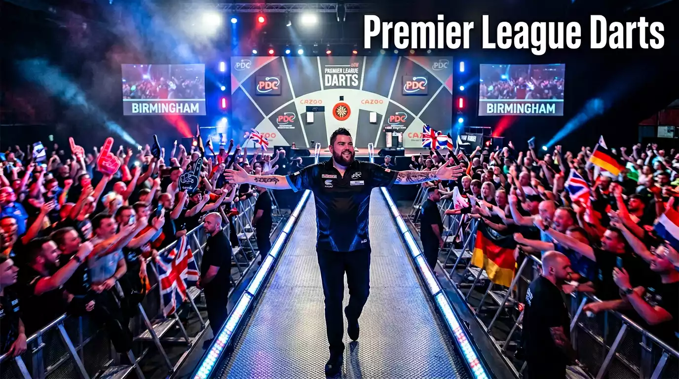 Dartspieler auf beleuchteter Bühne bei Premier-League-Abend vor Publikum