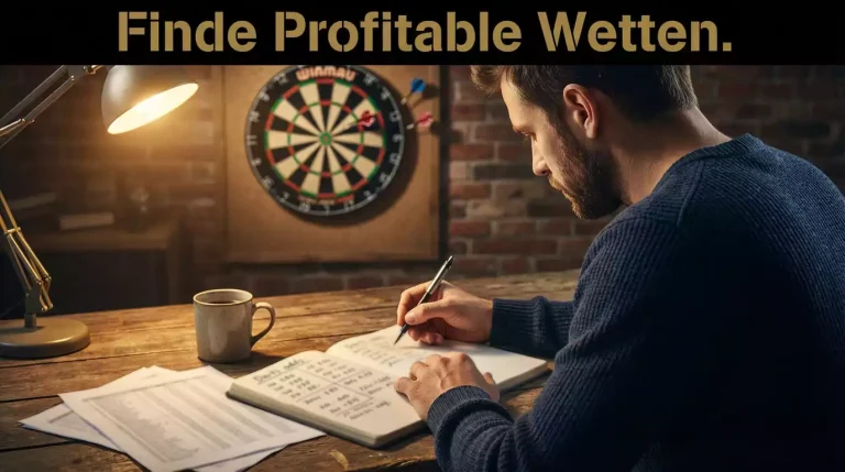Sportwetten-Analyst vergleicht Darts-Quoten auf Notizblock neben Dartscheibe
