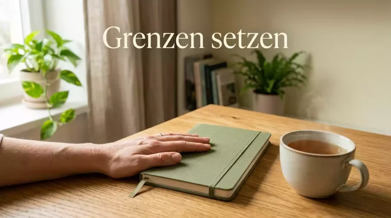 Ruhige Szene mit einer Hand die schützend über einem Notizbuch liegt